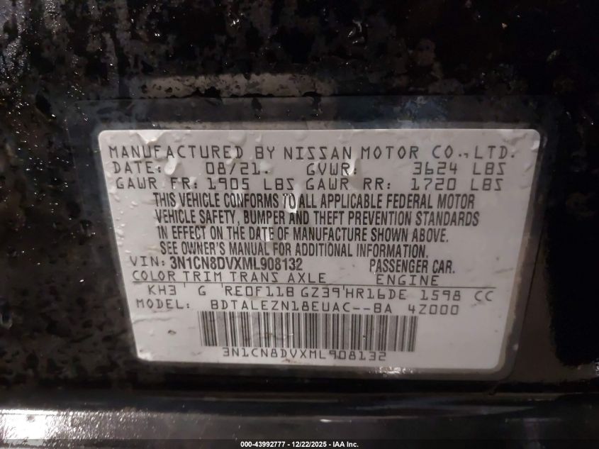 2021 Nissan Versa S Xtronic Cvt VIN: 3N1CN8DVXML908132 Lot: 43992777