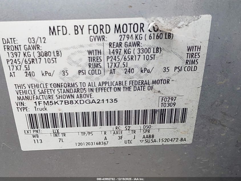 2013 Ford Explorer VIN: 1FM5K7B8XDGA21135 Lot: 43992782