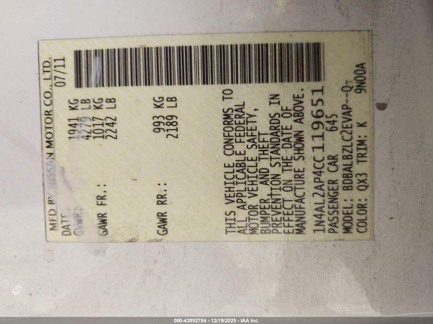 2012 Nissan Altima 2.5 S VIN: 1N4AL2AP4CC119651 Lot: 43992784