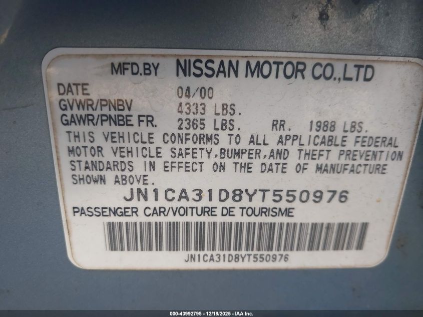 2000 Nissan Maxima Gle/Gxe/Se VIN: JN1CA31D8YT550976 Lot: 43992795