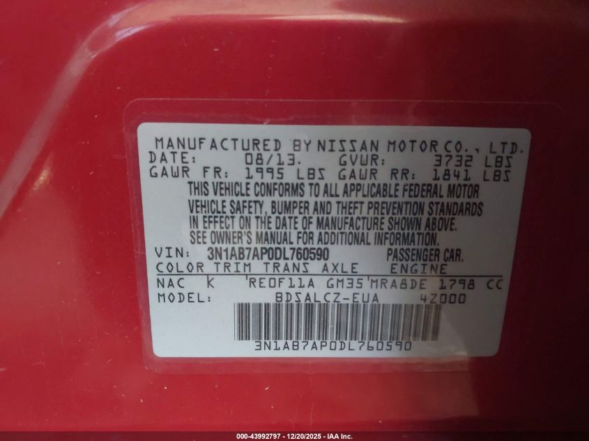 2013 Nissan Sentra S VIN: 3N1AB7AP0DL760590 Lot: 43992797