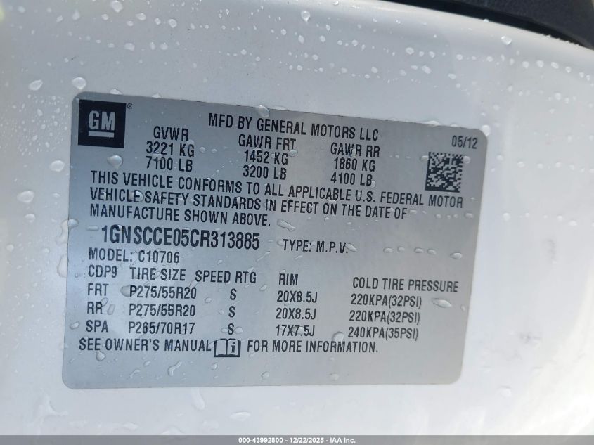 2012 Chevrolet Tahoe Ltz VIN: 1GNSCCE05CR313885 Lot: 43992800