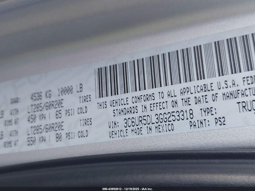 2016 Ram 2500 Slt VIN: 3C6UR5DL3GG253318 Lot: 43992812