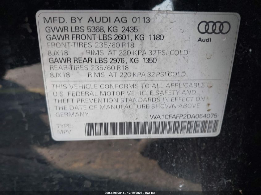 2013 Audi Q5 2.0T Premium VIN: WA1CFAFP2DA054075 Lot: 43992814