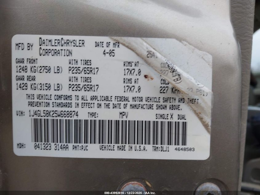 2005 Jeep Liberty Limited Edition VIN: 1J4GL58K25W668874 Lot: 43992816