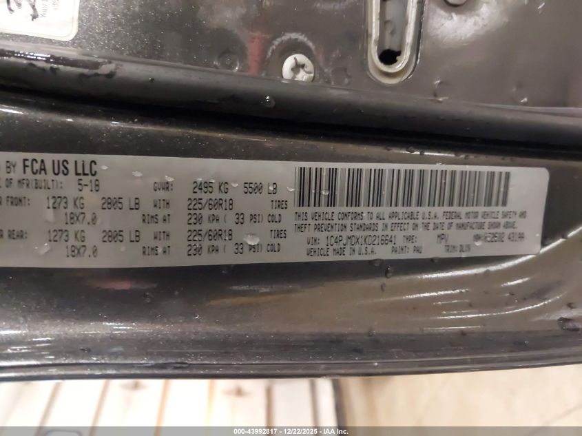 2019 Jeep Cherokee Limited 4X4 VIN: 1C4PJMDX1KD216641 Lot: 43992817