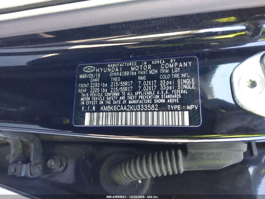 2019 Hyundai Kona Sel VIN: KM8K6CAA2KU333582 Lot: 43992821