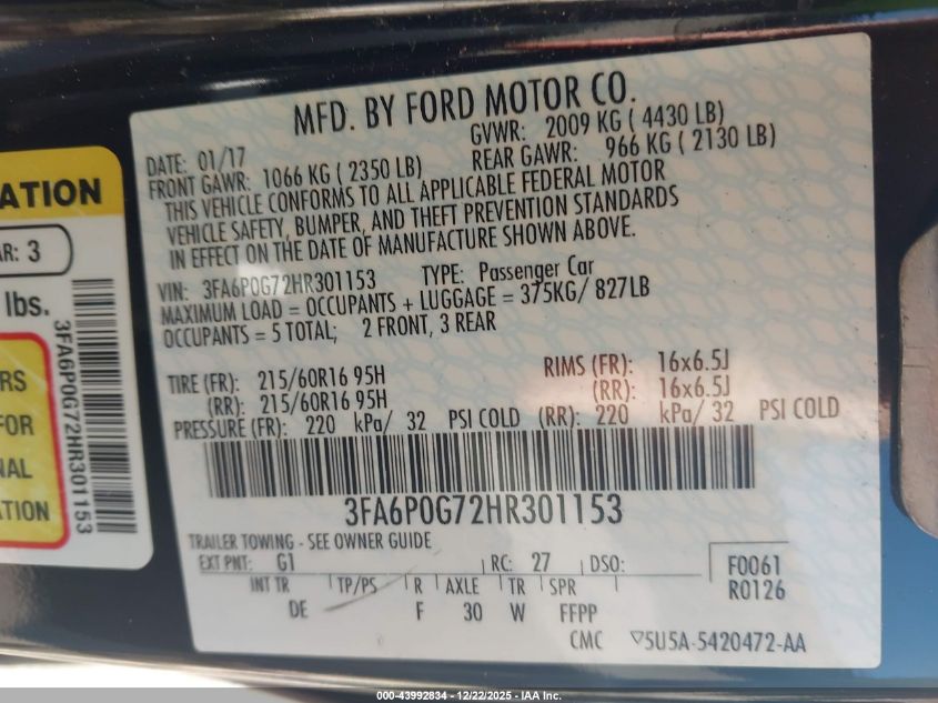 2017 Ford Fusion S VIN: 3FA6P0G72HR301153 Lot: 43992834