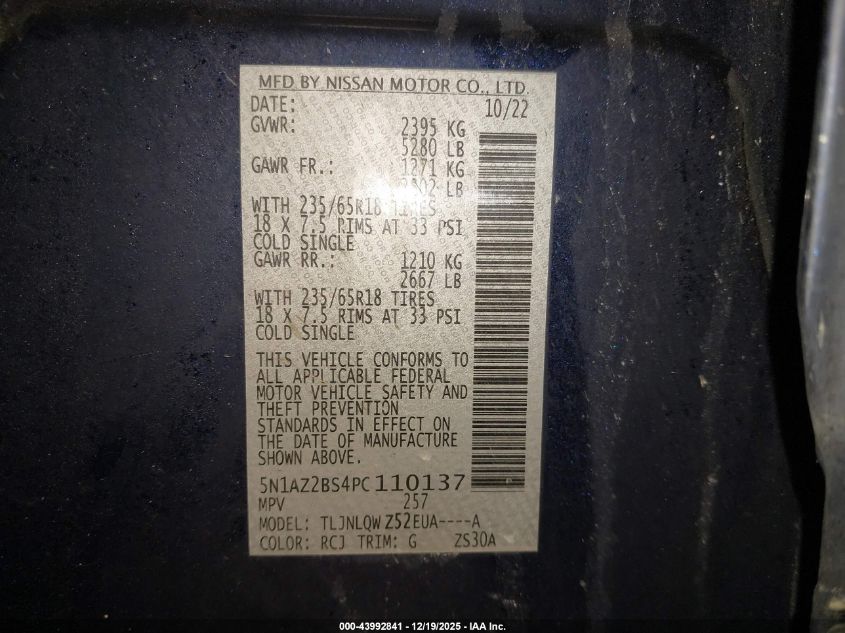 2023 Nissan Murano Sv Intelligent Awd VIN: 5N1AZ2BS4PC110137 Lot: 43992841