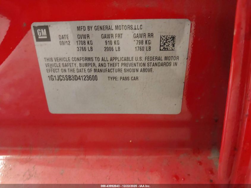 2013 Chevrolet Sonic Lt Auto VIN: 1G1JC5SB3D4123600 Lot: 43992843