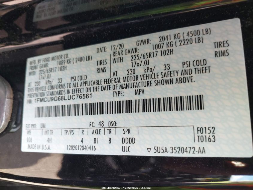 2020 Ford Escape Se VIN: 1FMCU9G68LUC76581 Lot: 43992857