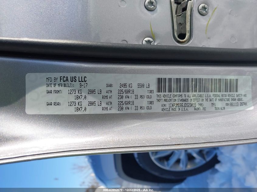 2018 Jeep Cherokee Limited 4X4 VIN: 1C4PJMDB6JD523015 Lot: 43992870