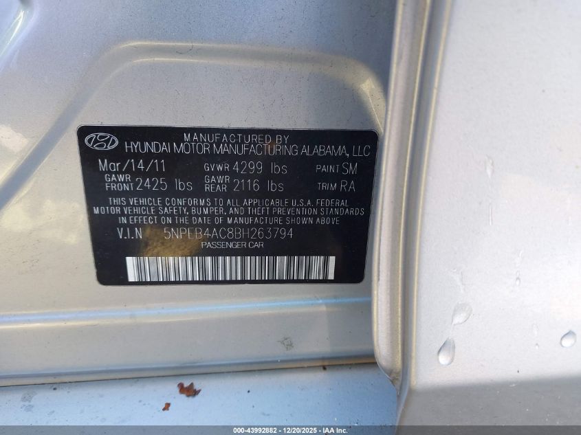 2011 Hyundai Sonata Gls VIN: 5NPEB4AC8BH263794 Lot: 43992882