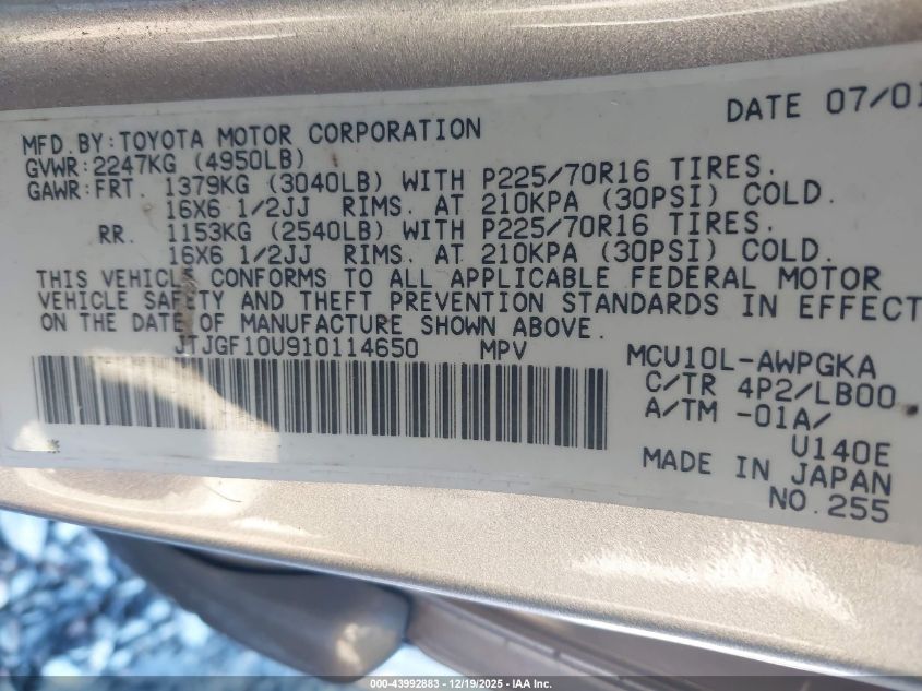 2001 Lexus Rx 300 VIN: JTJGF10U910114650 Lot: 43992883