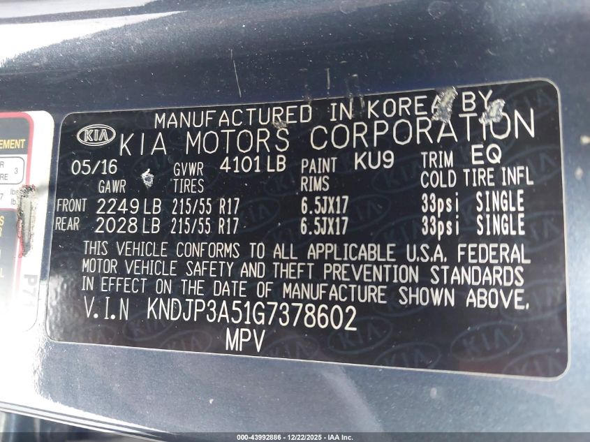 2016 Kia Soul + VIN: KNDJP3A51G7378602 Lot: 43992886