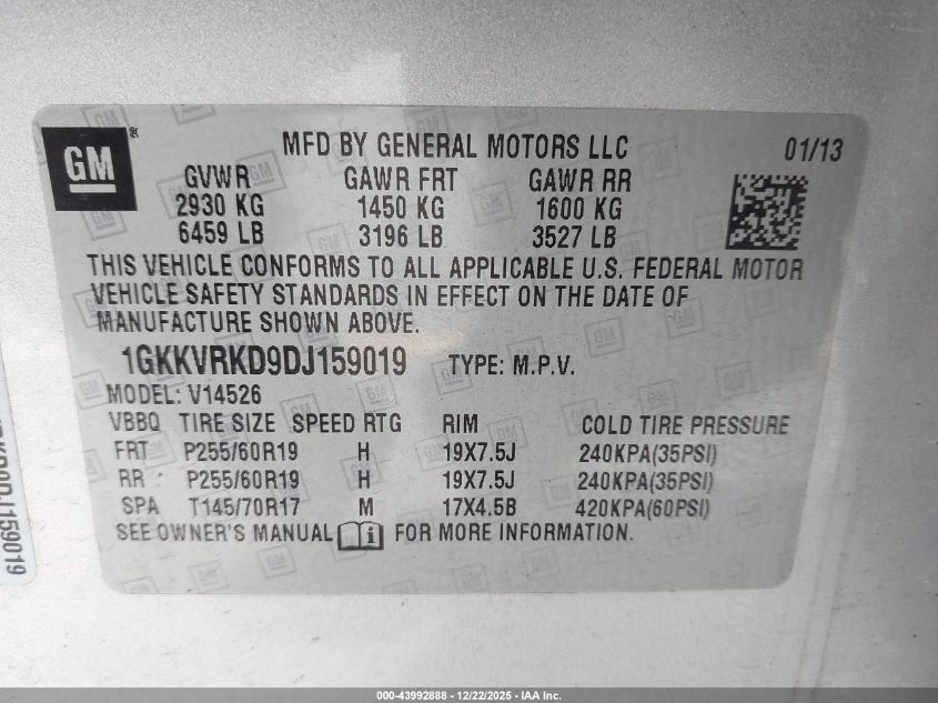 2013 GMC Acadia Slt-1 VIN: 1GKKVRKD9DJ159019 Lot: 43992888