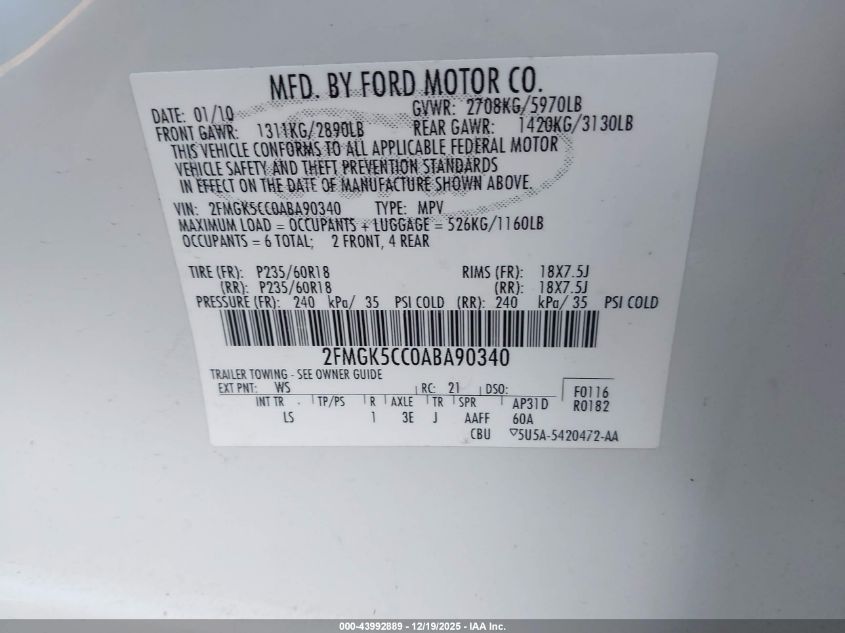 2010 Ford Flex Sel VIN: 2FMGK5CC0ABA90340 Lot: 43992889