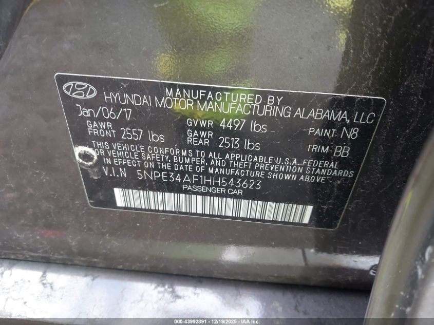 2017 Hyundai Sonata Limited VIN: 5NPE34AF1HH543623 Lot: 43992891