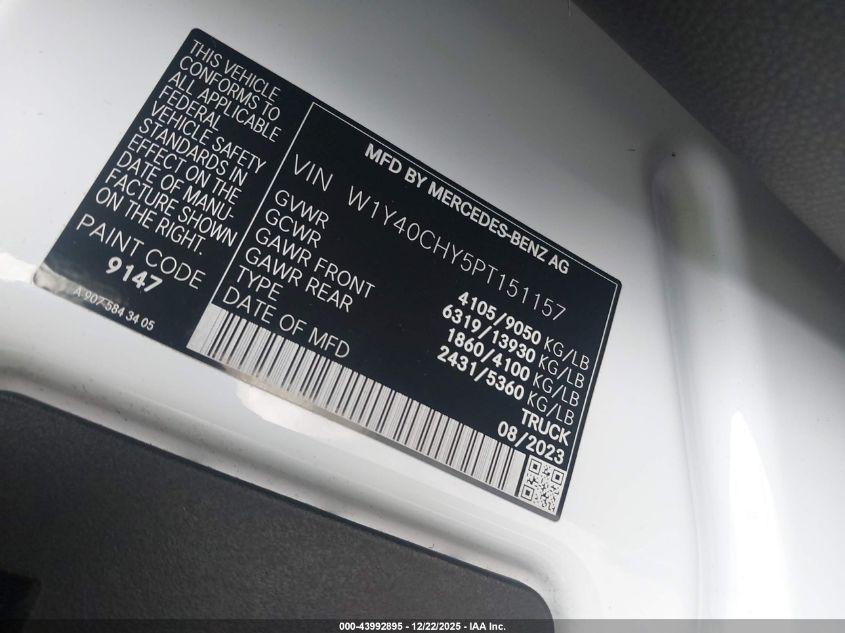 2023 Mercedes-Benz Sprinter 2500 High Roof 4-Cyl Gas VIN: W1Y40CHY5PT151157 Lot: 43992895