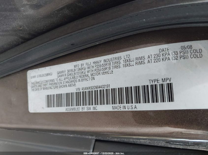 2009 Subaru Tribeca Limited 5-Passenger/Special Edition 5-Passenger VIN: 4S4WX92D994402191 Lot: 43992897