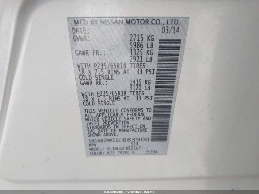 2014 Nissan Pathfinder Sl VIN: 5N1AR2MM1EC683900 Lot: 43992900