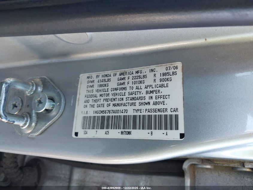 2007 Honda Accord 2.4 Ex VIN: 1HGCM56767A001470 Lot: 43992909