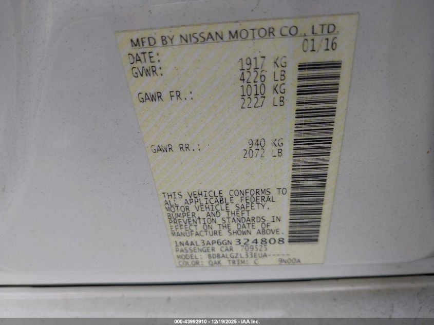 2016 Nissan Altima 2.5/2.5 S/2.5 Sl/2.5 Sr/2.5 Sv VIN: 1N4AL3AP6GN324808 Lot: 43992910