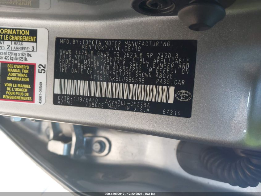 2020 Toyota Camry Se VIN: 4T1G11AK5LU869588 Lot: 43992912