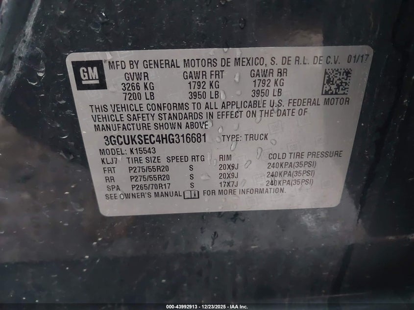 2017 Chevrolet Silverado 1500 2Lz VIN: 3GCUKSEC4HG316681 Lot: 43992913