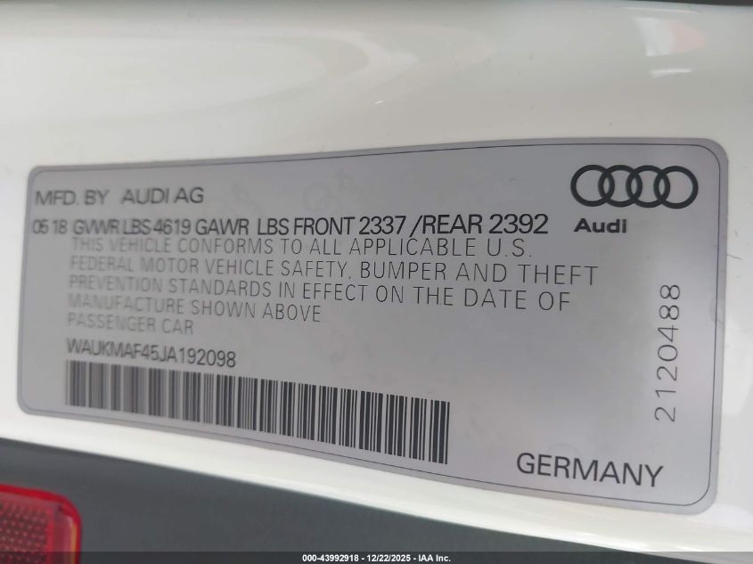 2018 Audi A4 2.0T Tech Ultra Premium/2.0T Ultra Premium VIN: WAUKMAF45JA192098 Lot: 43992918