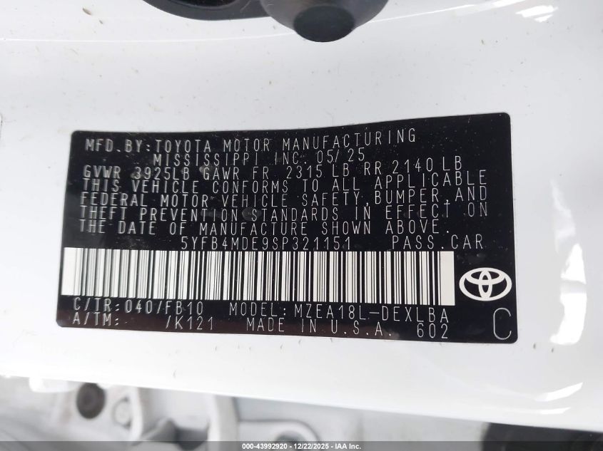 2025 Toyota Corolla Le VIN: 5YFB4MDE9SP321151 Lot: 43992920