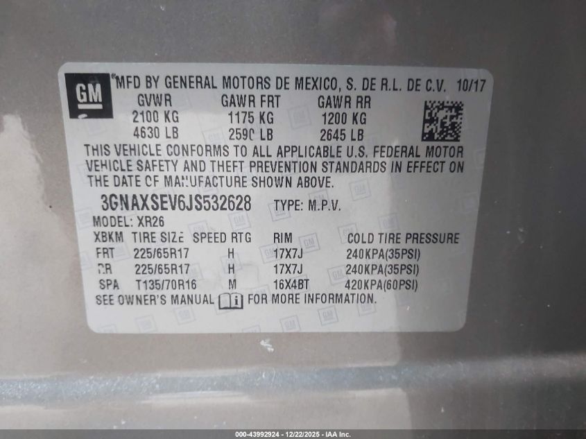 2018 Chevrolet Equinox Lt VIN: 3GNAXSEV6JS532628 Lot: 43992924