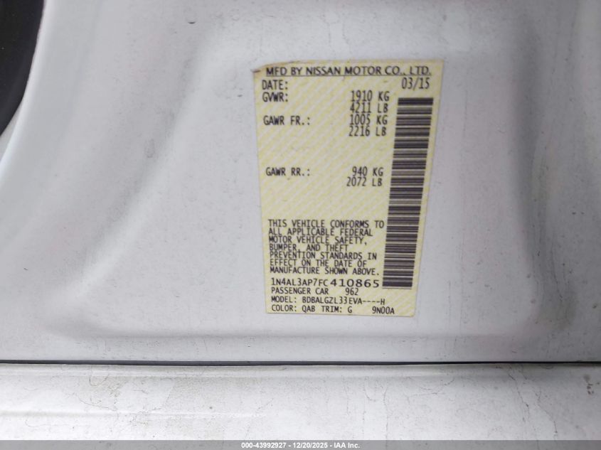 2015 Nissan Altima 2.5 S VIN: 1N4AL3AP7FC410865 Lot: 43992927