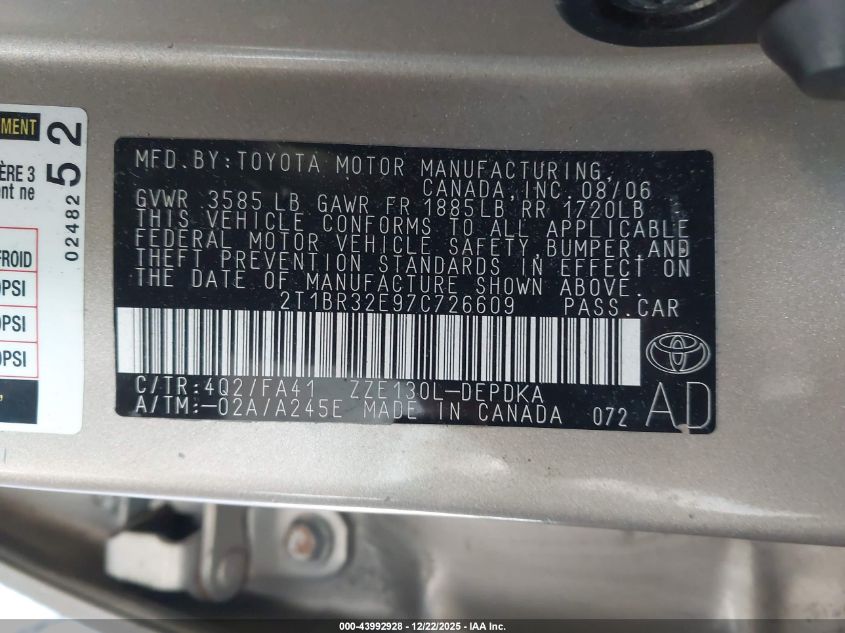 2007 Toyota Corolla Ce VIN: 2T1BR32E97C726609 Lot: 43992928