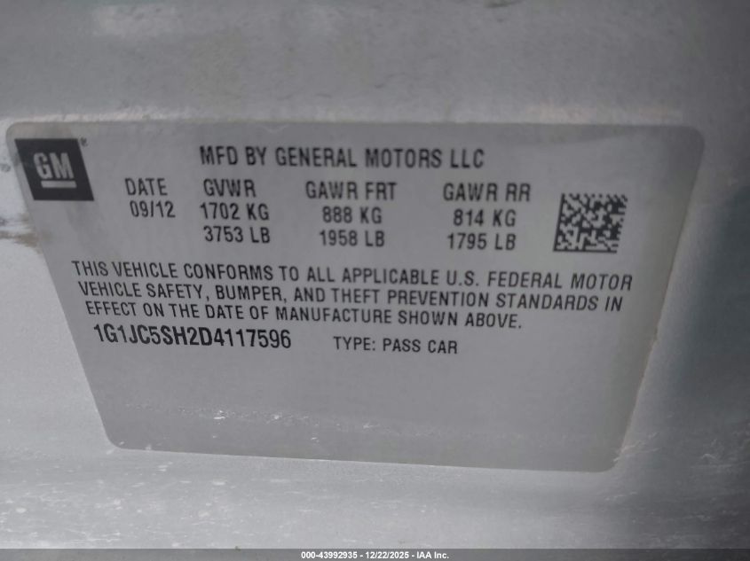 2013 Chevrolet Sonic Lt Auto VIN: 1G1JC5SH2D4117596 Lot: 43992935