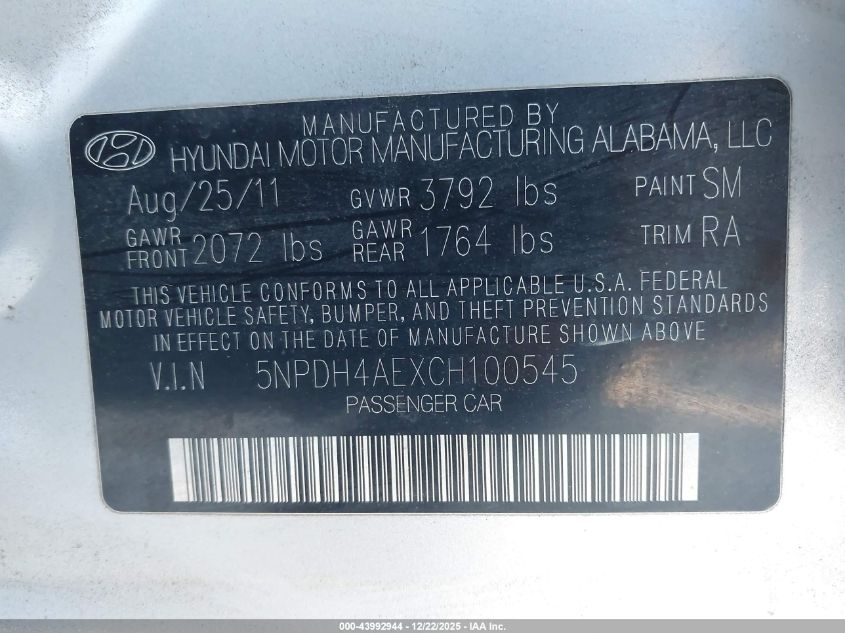 2012 Hyundai Elantra Gls VIN: 5NPDH4AEXCH100545 Lot: 43992944