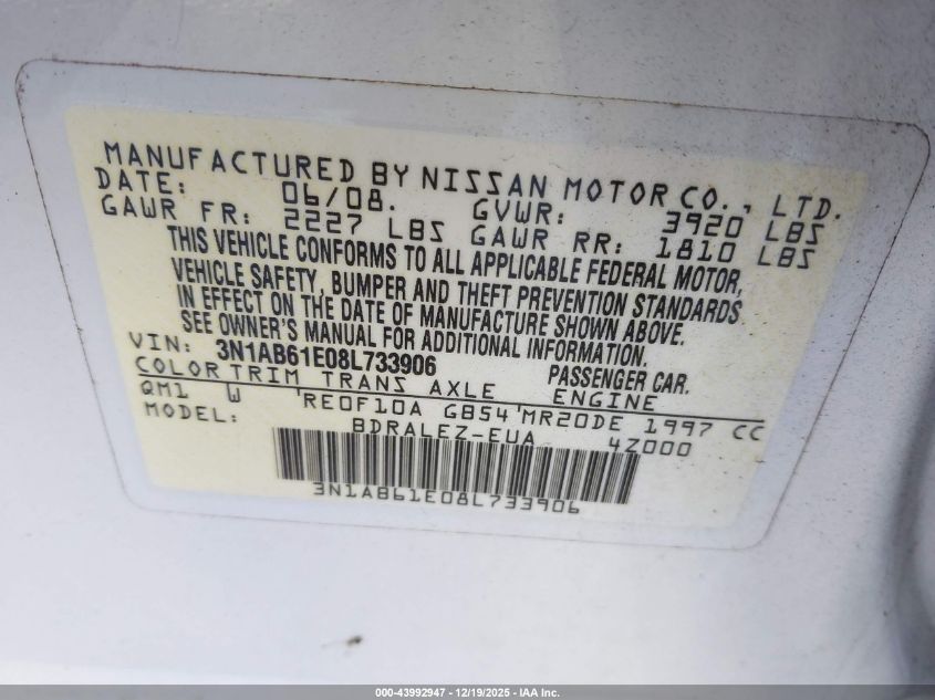 2008 Nissan Sentra 2.0S VIN: 3N1AB61E08L733906 Lot: 43992947