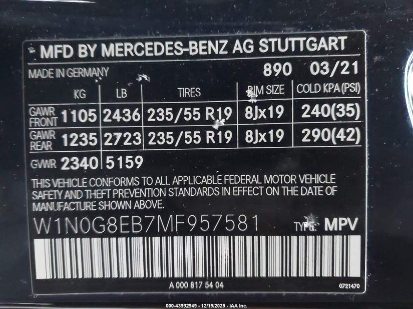 2021 Mercedes-Benz Glc 300 4Matic Suv VIN: W1N0G8EB7MF957581 Lot: 43992949