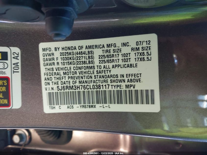 2012 Honda Cr-V Ex-L VIN: 5J6RM3H76CL038117 Lot: 43992951