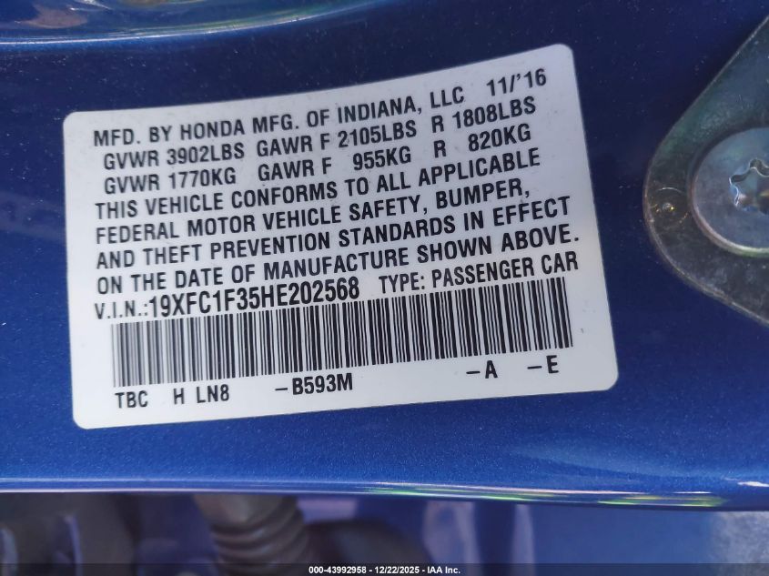 2017 Honda Civic Ex-T VIN: 19XFC1F35HE202568 Lot: 43992958