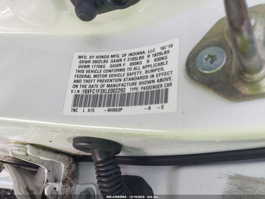 2020 Honda Civic Ex VIN: 19XFC1F3XLE002293 Lot: 43992965