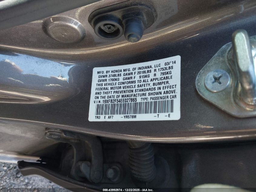 2014 Honda Civic Lx VIN: 19XFB2F54EE027865 Lot: 43992974