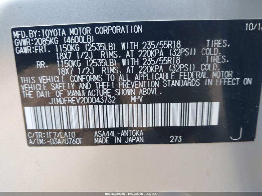 2013 Toyota Rav4 Limited VIN: JTMDFREV2DD043732 Lot: 43992985