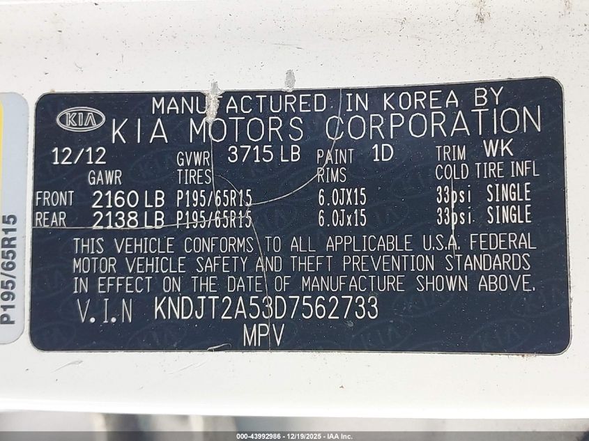 2013 Kia Soul VIN: KNDJT2A53D7562733 Lot: 43992986