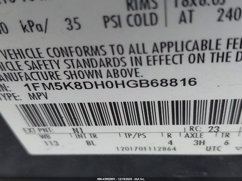 2017 Ford Explorer Xlt VIN: 1FM5K8DH0HGB68816 Lot: 43992991