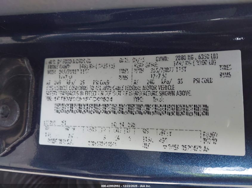 2015 Ford F-150 Xlt VIN: 1FTEW1E81FFC89534 Lot: 43992992