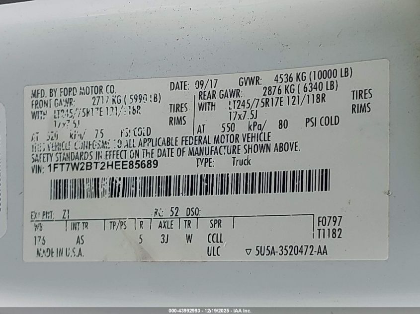 2017 Ford F-250 Xl VIN: 1FT7W2BT2HEE85689 Lot: 43992993