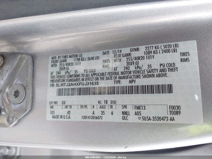 2015 Lincoln Mkc VIN: 5LMTJ2AHXFUJ31635 Lot: 43993001