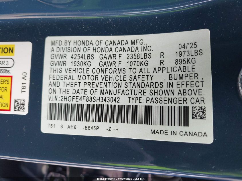 2025 Honda Civic Hybrid Sport/Sport Touring VIN: 2HGFE4F88SH343042 Lot: 43993019