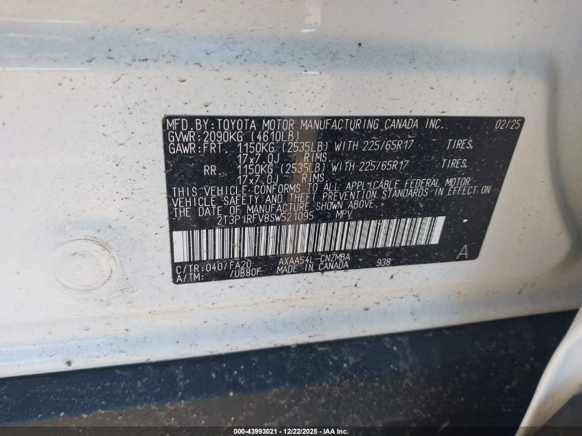 2025 Toyota Rav4 Xle VIN: 2T3P1RFV8SW521095 Lot: 43993021